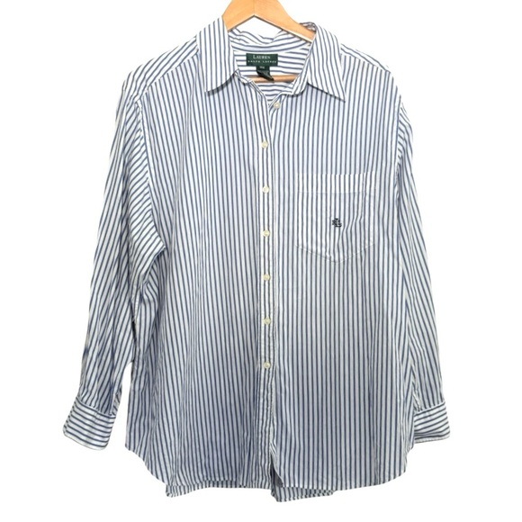 Ralph Lauren Tops - Ralph Lauren Blue and White Striped Cotton Button-Up Shirt embroidered logo